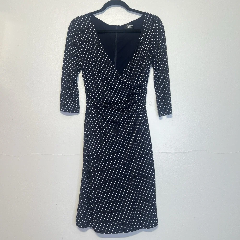 Adrianna Papell Dress Sz 8 Polka Dot‎ Ruched Slimming Blue White Preppy Career